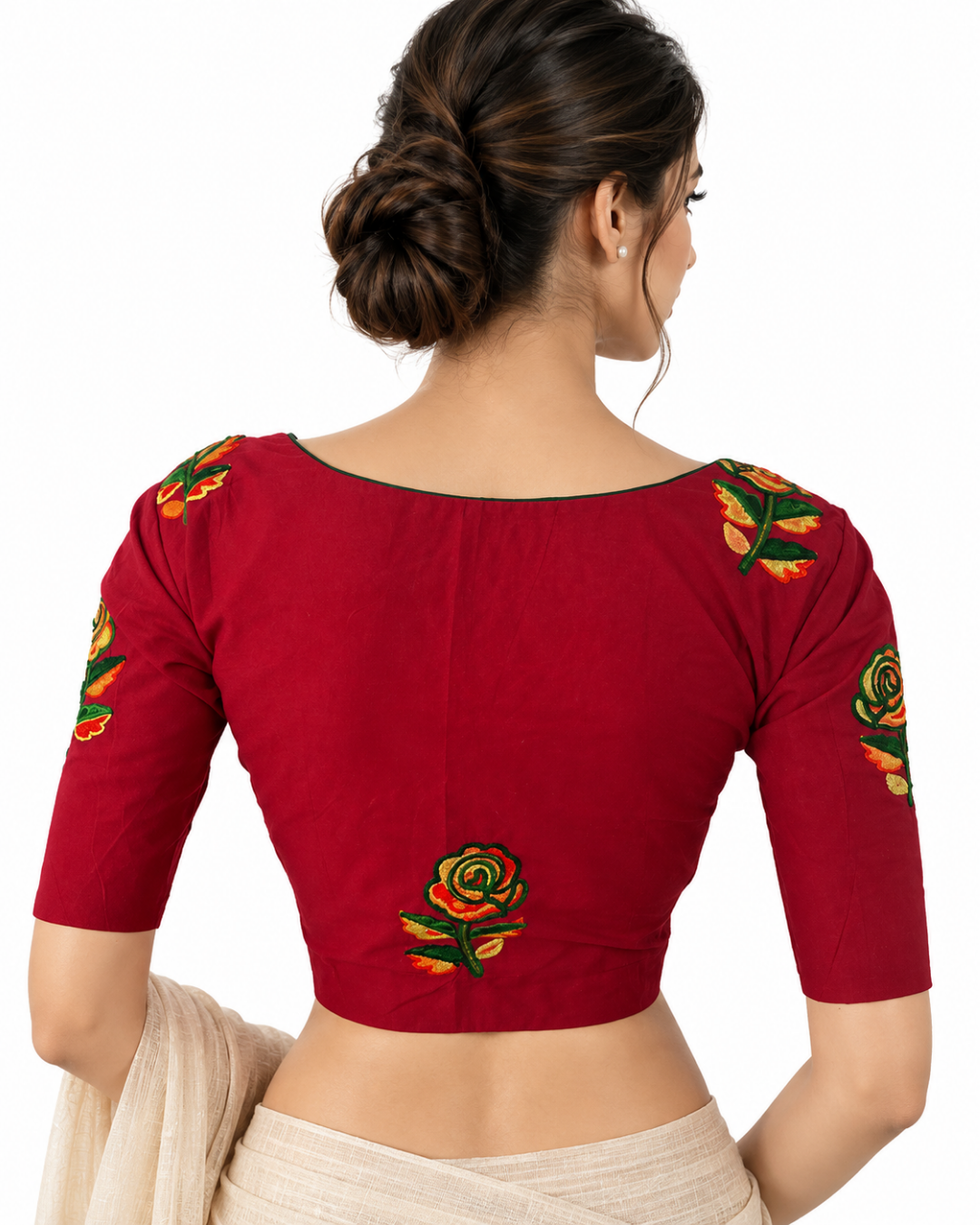 Embroidered Cotton Sweetheart neck Blouse with  Lining,  Red, BW1160