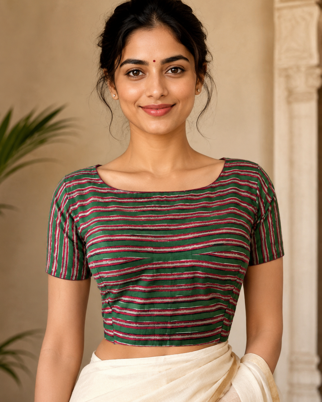 Striped Boatneck  Blouse with Short Sleeves, Backopen,  Green - Pink,  BP1159