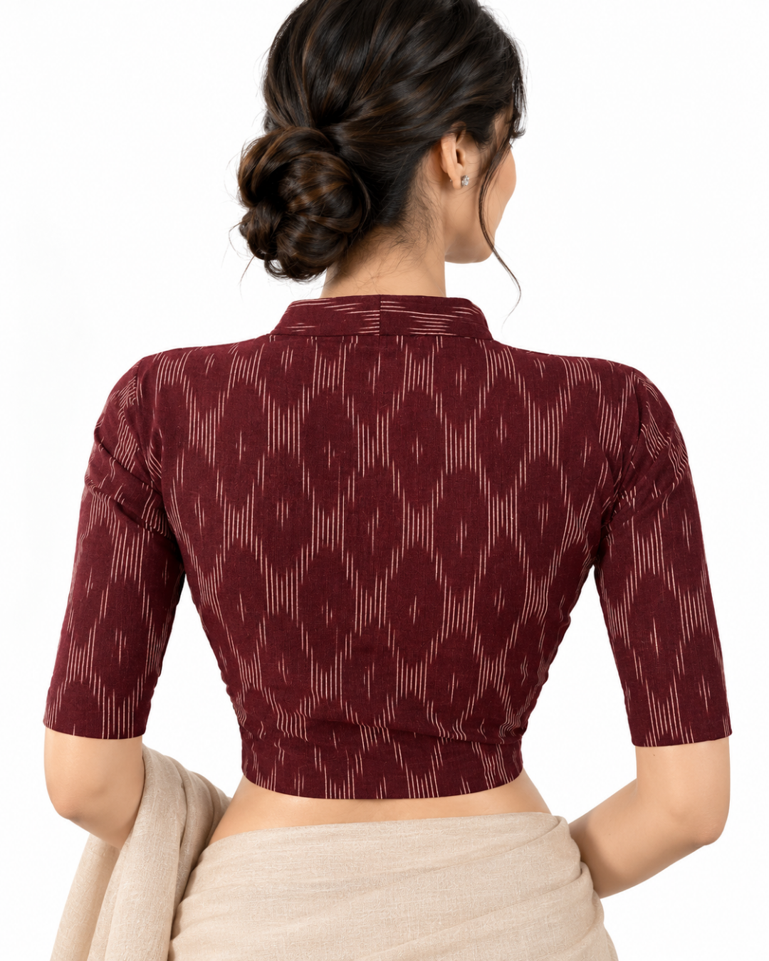 Ikat Cotton High neck Blouse, Brown, BI1174