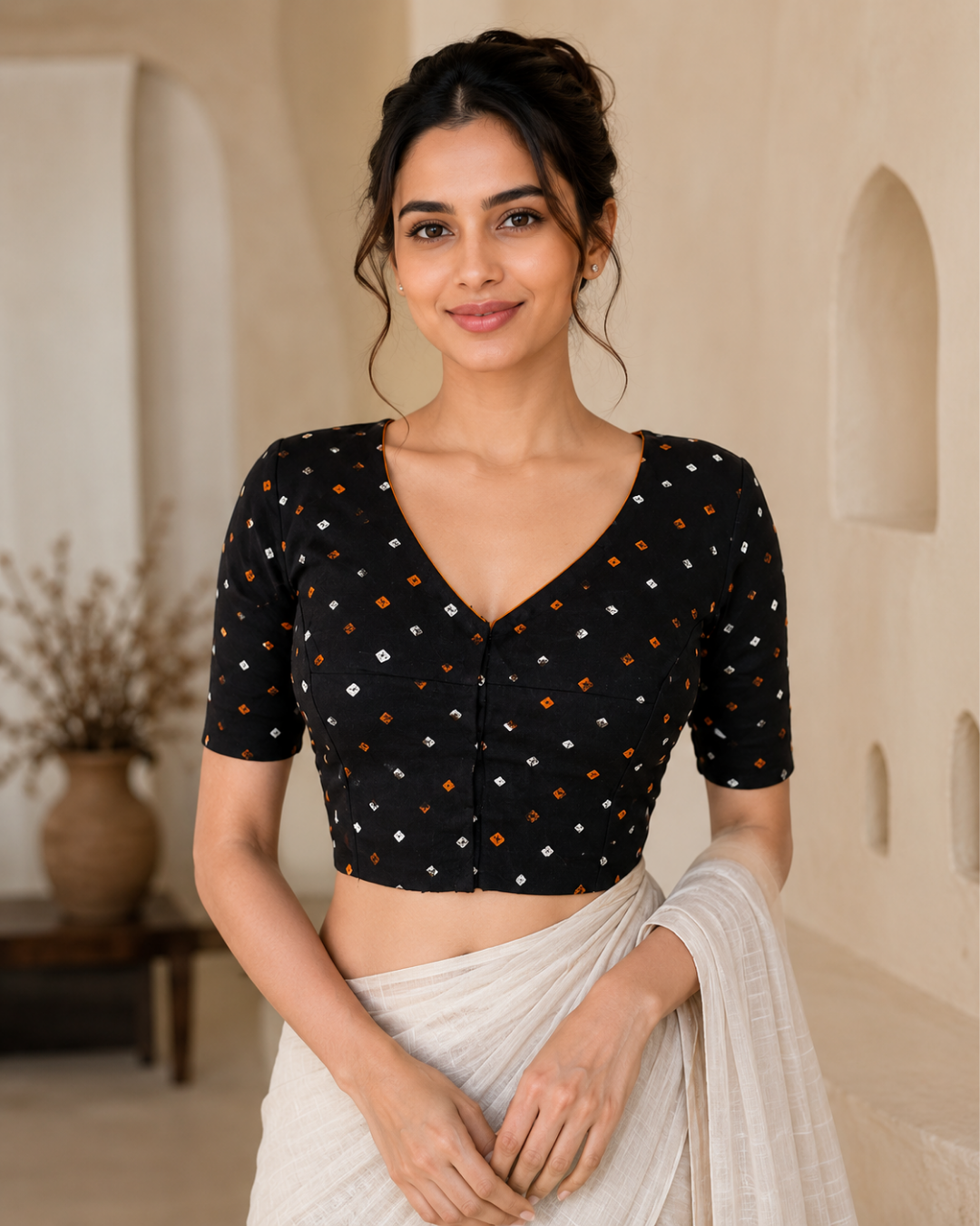 Bandhani Mul Cotton V neck Blouse with Lining, Black, BP1135