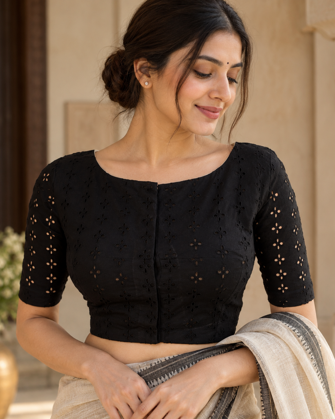 Hakoba Cutwork Cotton Boatneck Blouse with Lining, Black, BW1129
