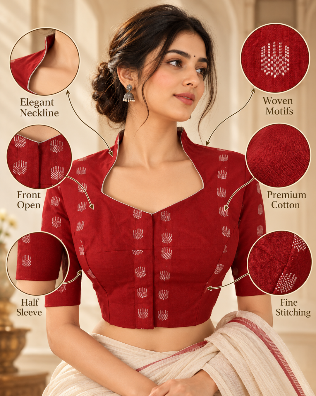 Jacquard Cotton High neck Blouse with lining , Rust , BH1289
