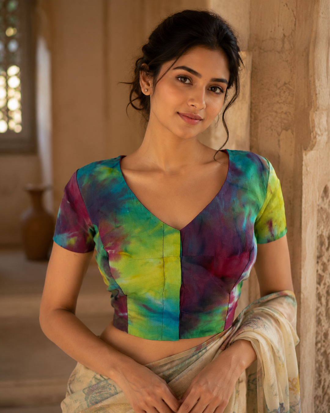 Shibori Cotton  V Neck Blouse with Short Sleeves, Multicolor, BP1125