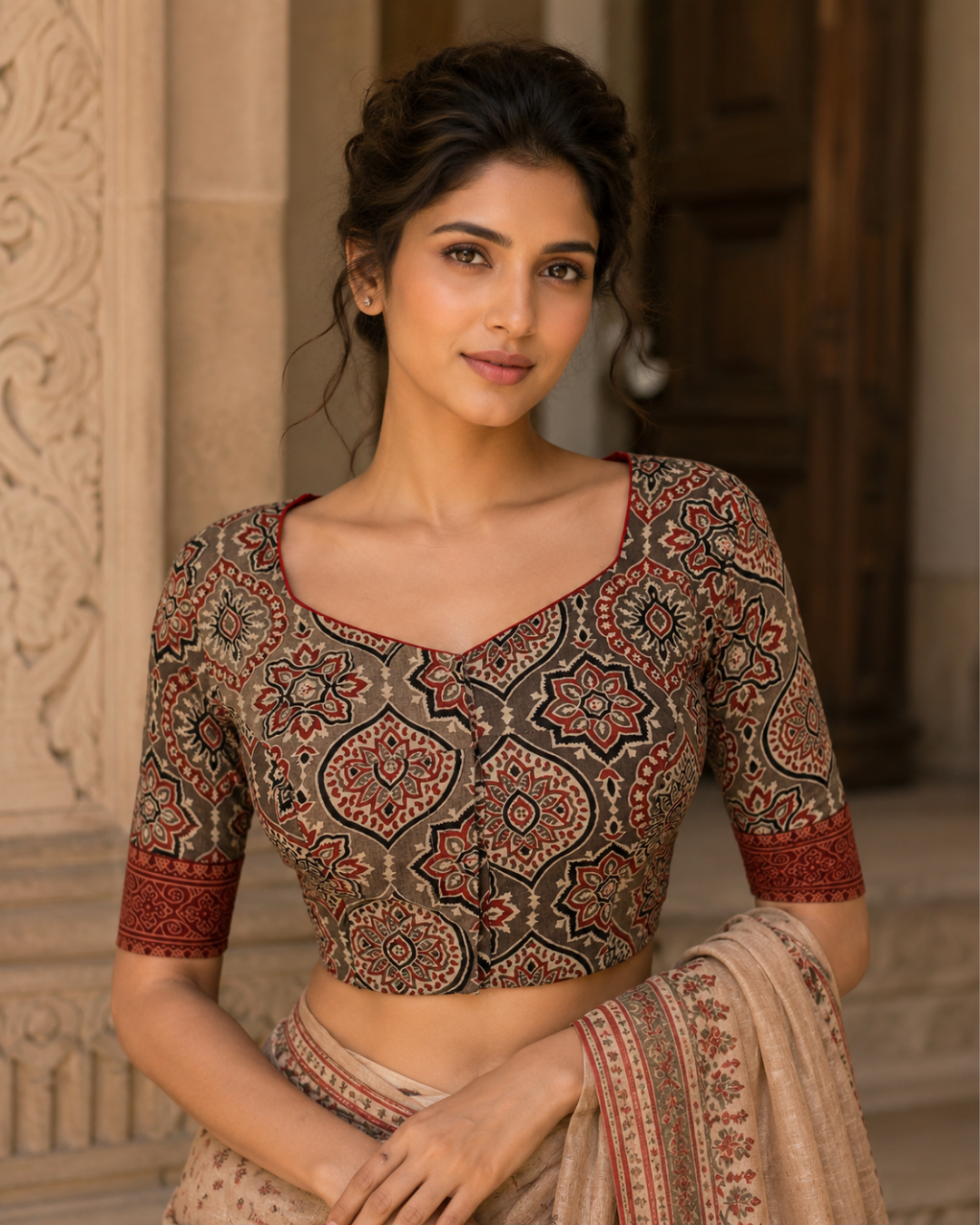Ajrakh Cotton Sweetheart Neck Blouse , Brown , BA1184