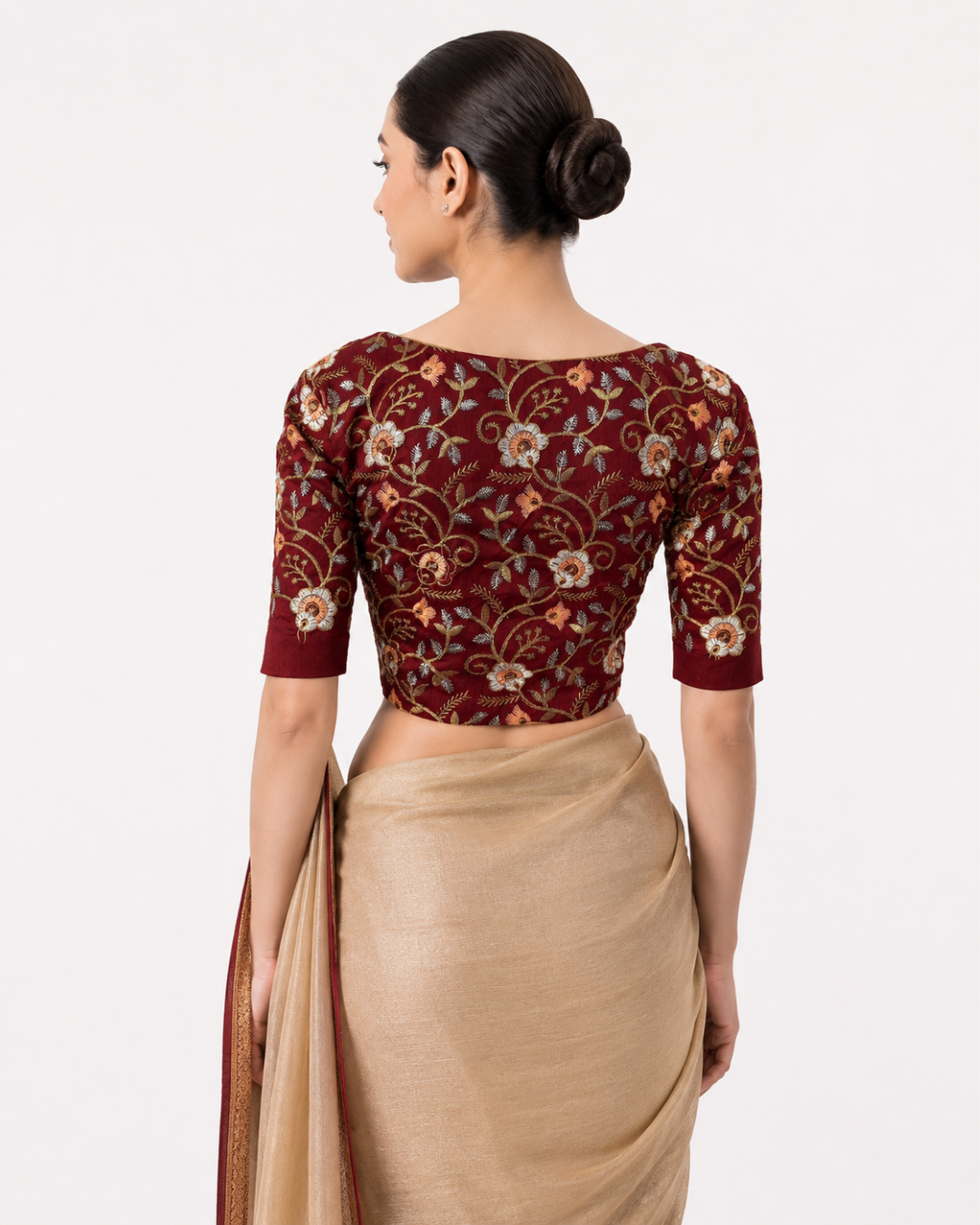 Embroidered Art Silk Round neck Blouse with Lining,  Maroon, BS1167