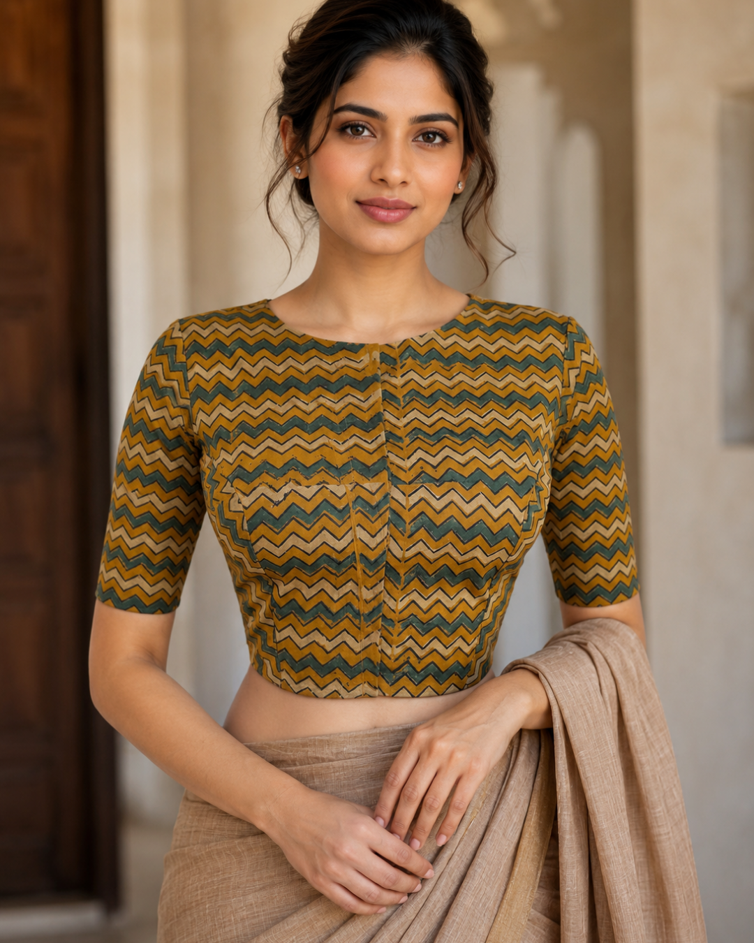 Dhabu Cotton Closeneck Croptop Blouse, Yellow – Green, BP1107