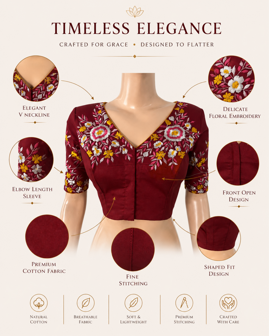 Embroidered  Cotton Silk V neck Blouse with  Lining,  Maroon, BW1143