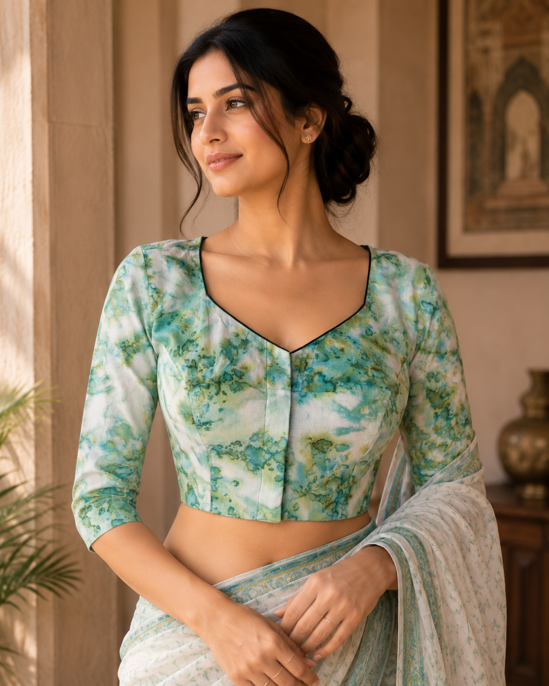 Shibori Printed Cotton Sweetheart Neck Blouse with 3/4 Sleeves and Lining , Green - Off white, BP1218