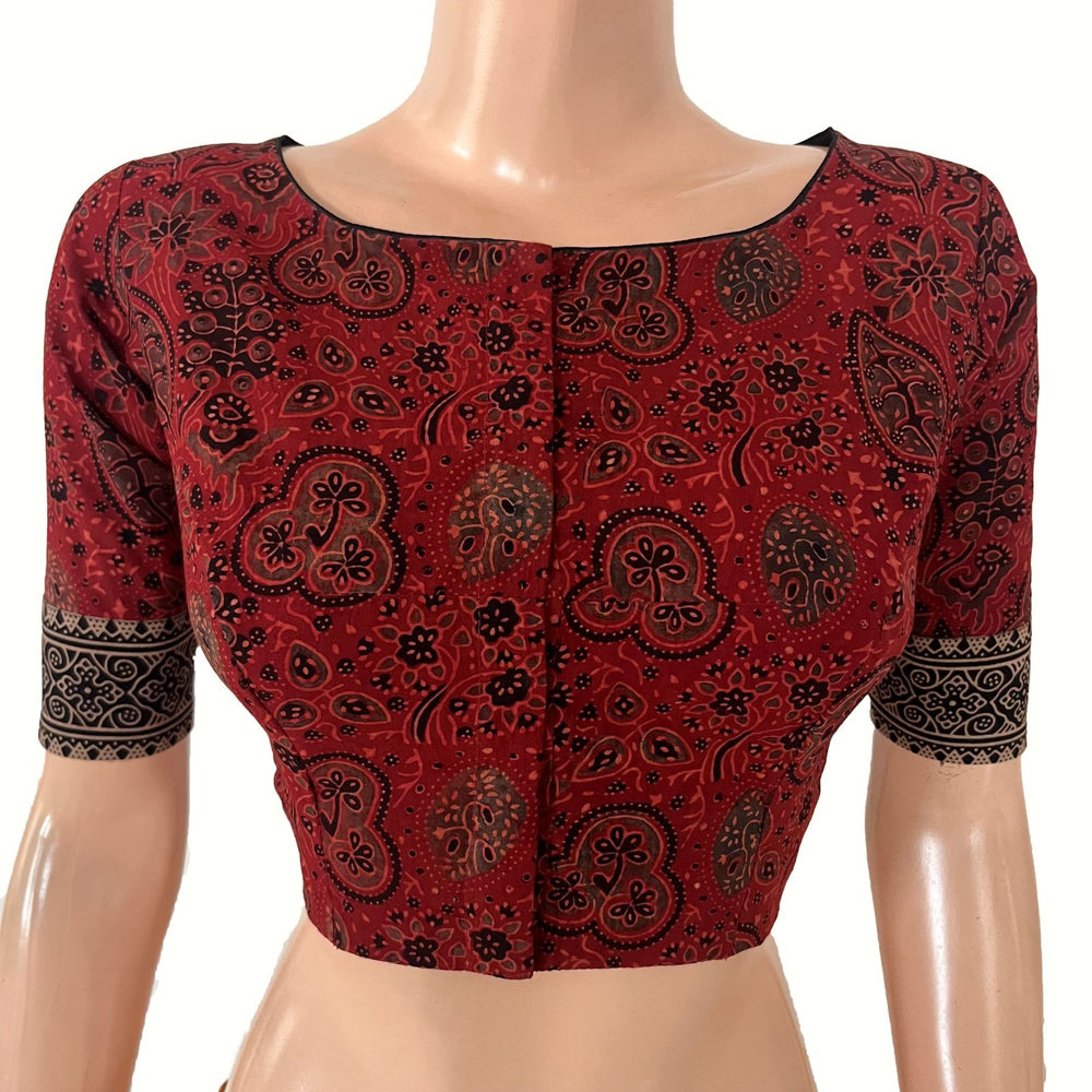 Ajrakh Cotton Boat Neck Blouse with Keyhole Back, Maroon , BA1191