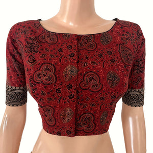 Ajrakh Cotton Boat Neck Blouse with Keyhole Back, Maroon , BA1191