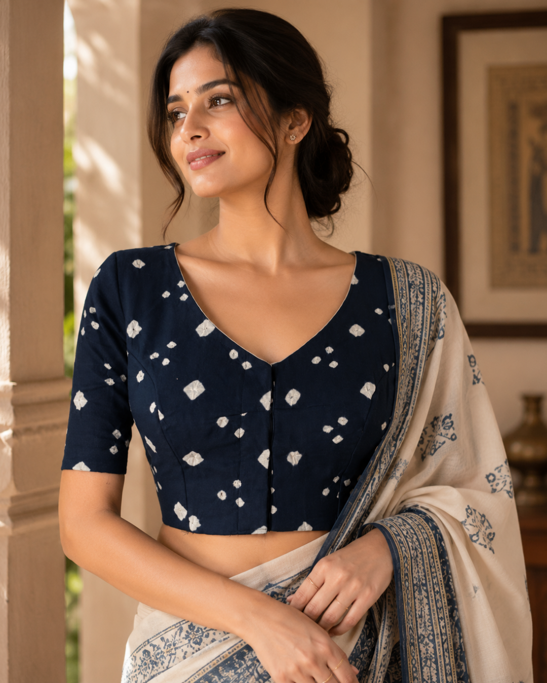 Bandhani Cotton V neck Blouse with Lining, Navy Blue, BP1201