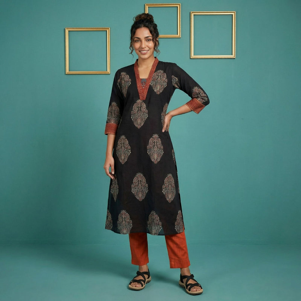 Ajrakh Cotton V collar A Line kurta with 3/4 Sleeves ,Black ,KA1044