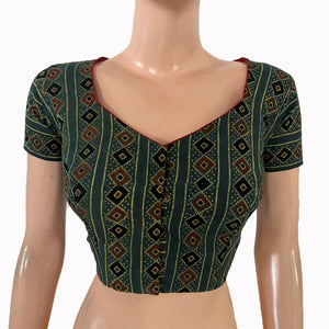Ajrakh Cotton  Sweetheart neck Blouse, Bottle Green,  BA1102