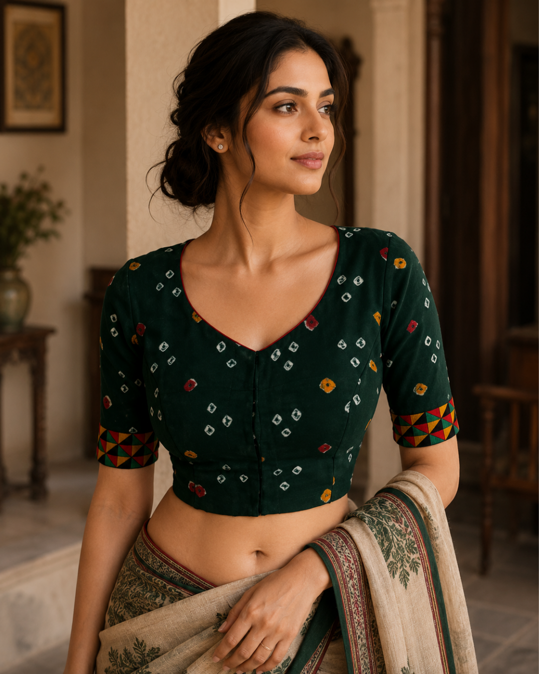 Bandhani Tie-Dye  Round neck Blouse with Phoolkari lace, Bottle Green , BP1118