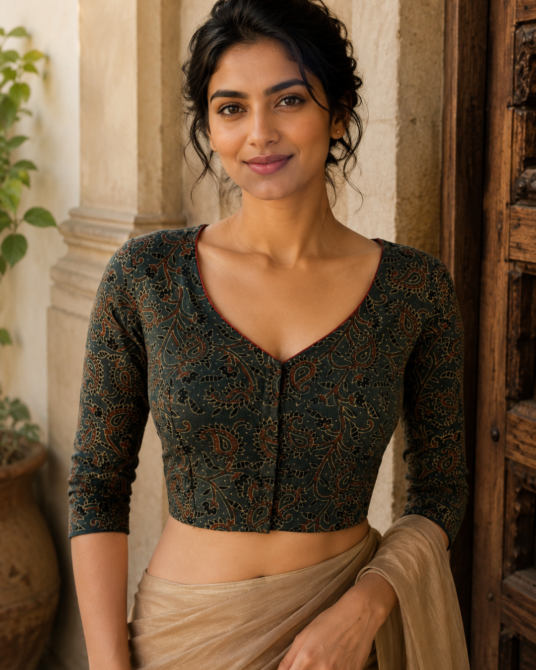 Ajrakh Cotton V neck Blouse with 3/4 Sleeves,  Green ,  BA1161