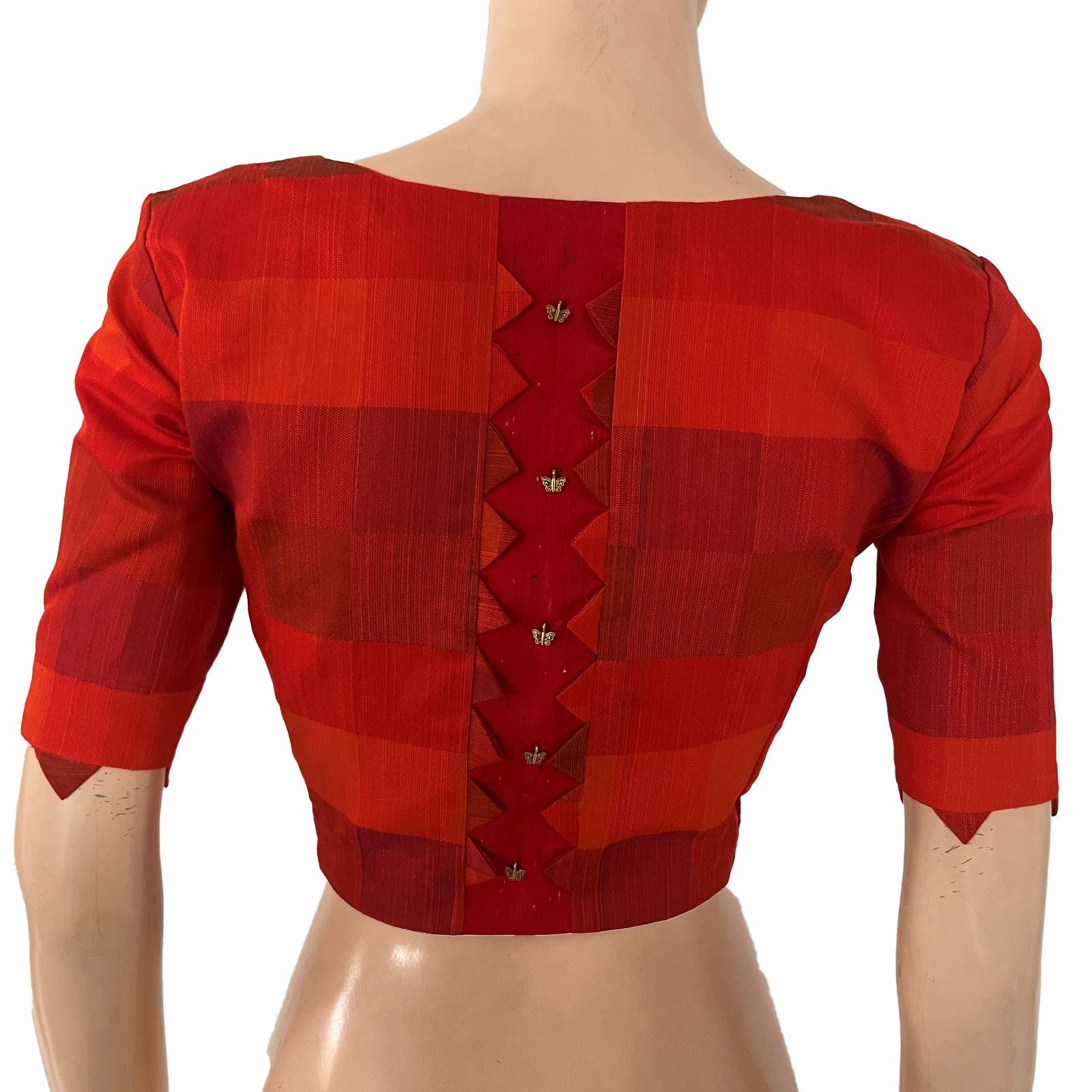 Semi Raw Silk Checkered Square Neck Blouse with Metal Embellishments & Lining, Orange - Red , BS1206