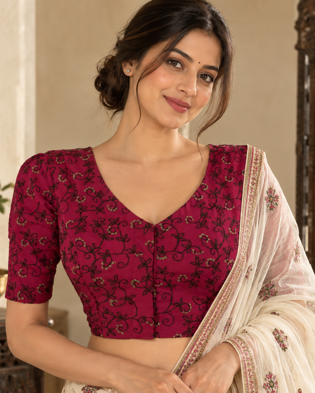 Embroidered  2 x 2  Cotton V neck Blouse with Puff Sleeves & Lining,  Majentha, BW1135