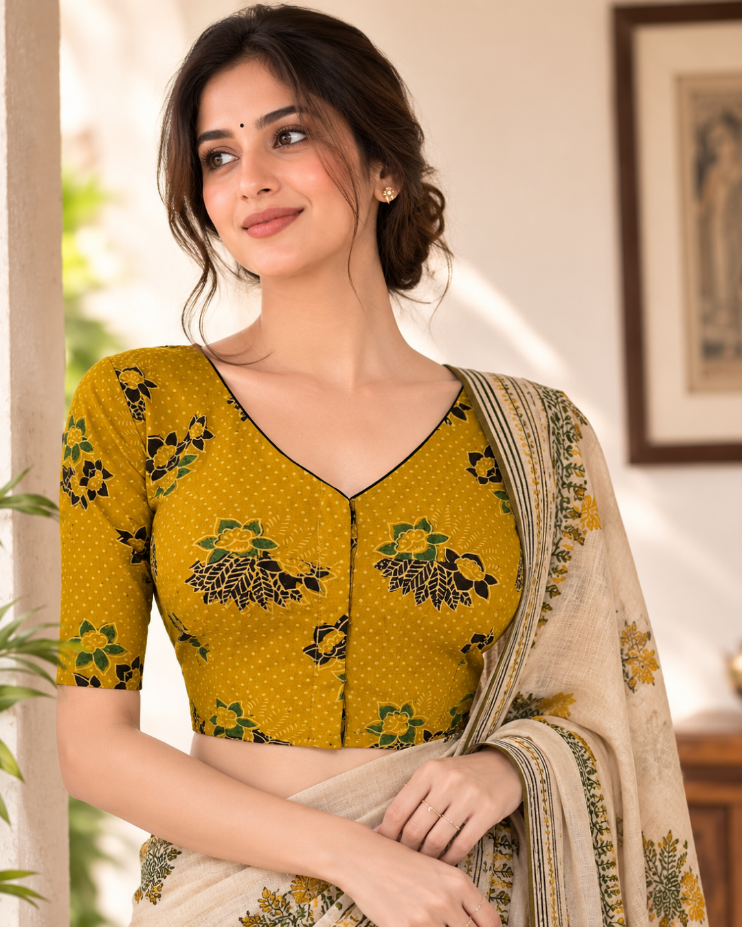 Ajrakh Cotton  V neck Blouse,   Mustard,  BA1145
