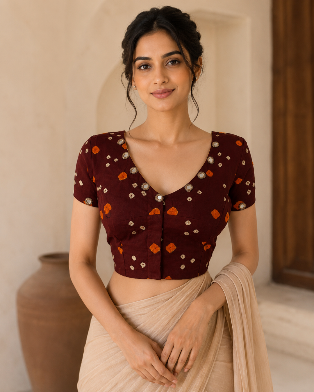 Bandhani  Cotton  V neck Blouse with Short Sleeves & Mirror Work Details,  Brown,  BP1189