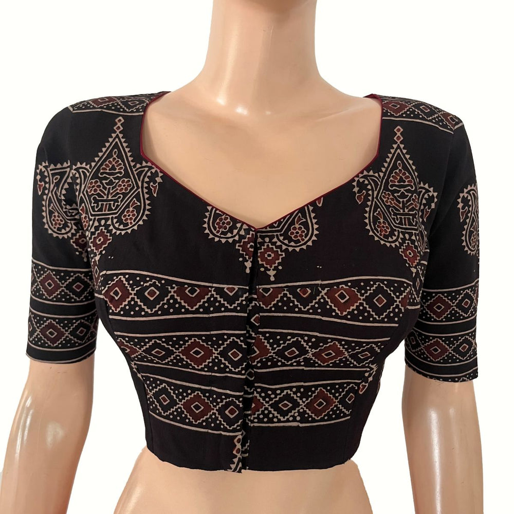 Ajrakh Cotton Sweetheart Neck Blouse ,Black , BA1189
