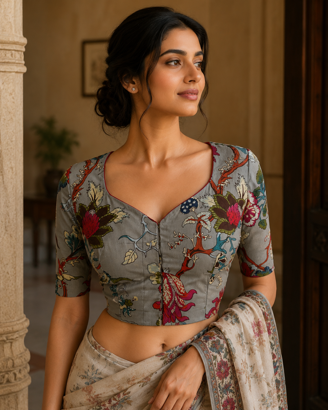 Printed Cotton Y Neck Blouse ,Grey,  BP1220