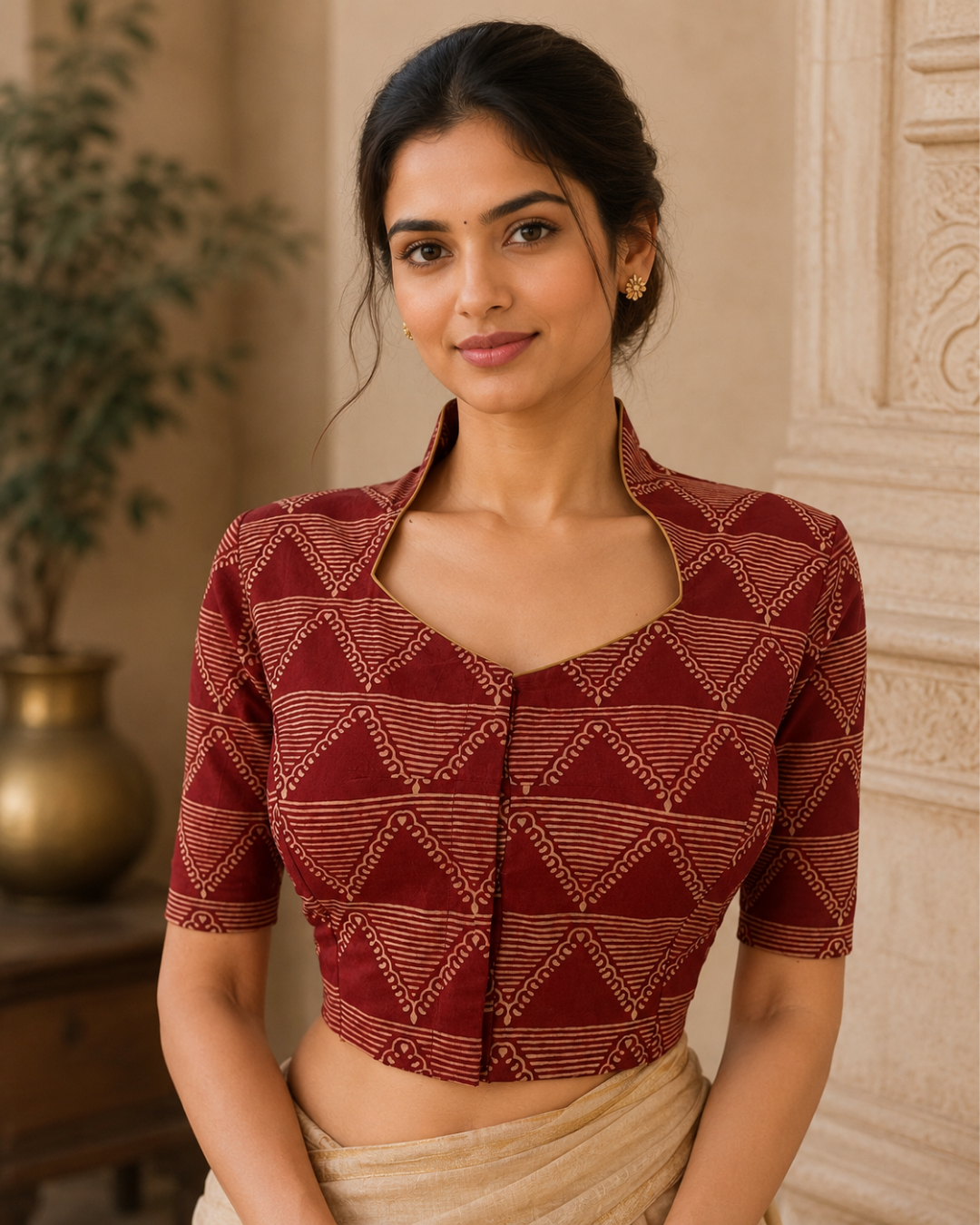 Ajrakh Cotton High Neck Blouse , Maroon , BA1192
