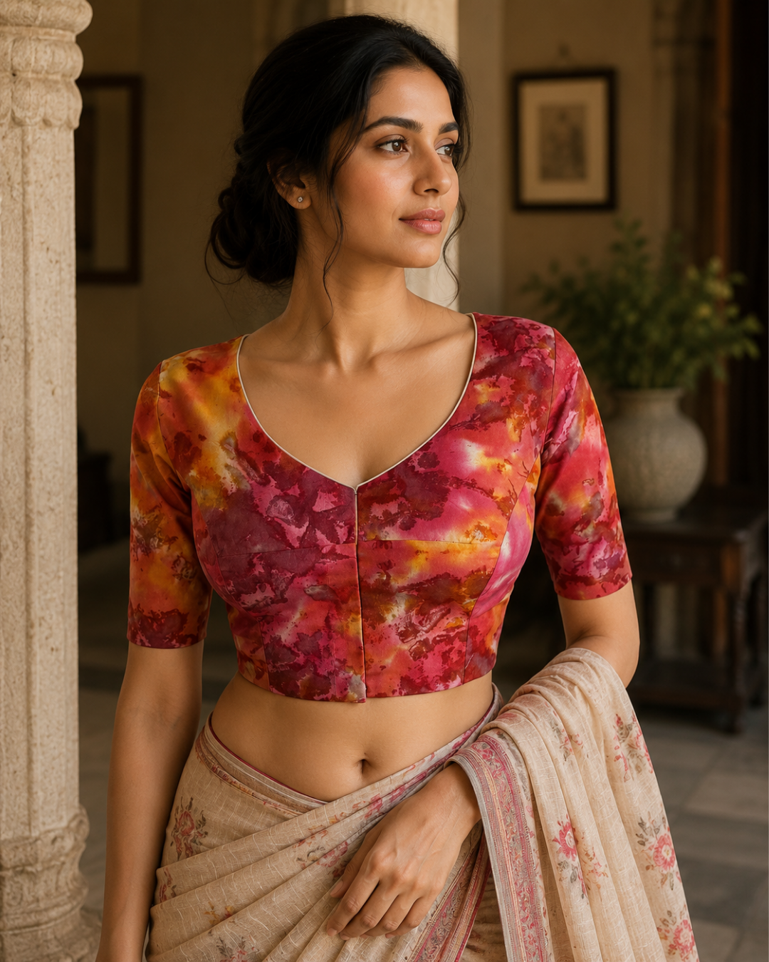 Bathik Cotton V neck Blouse, Multicolor, BP1205
