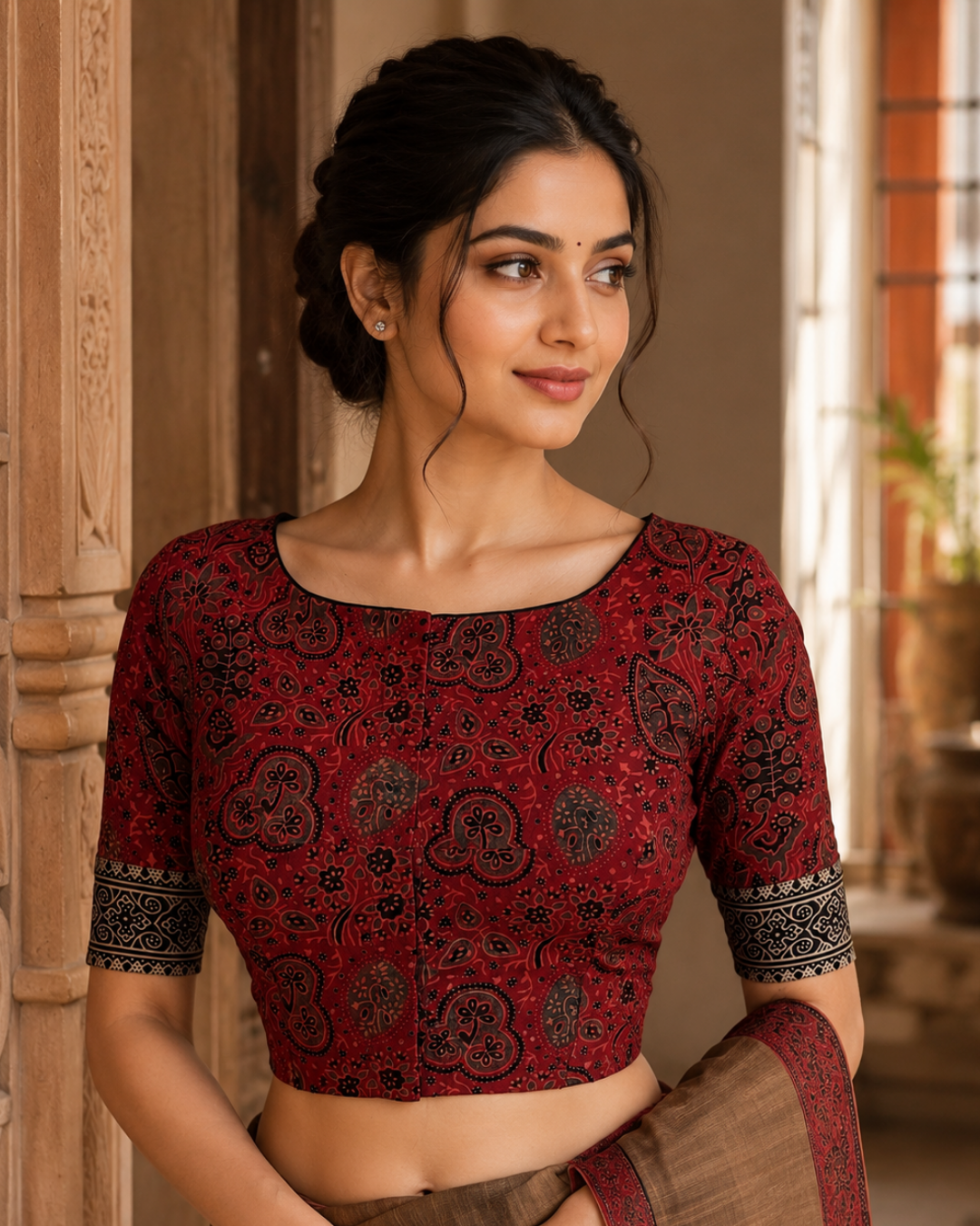 Ajrakh Cotton Boat Neck Blouse with Keyhole Back, Maroon , BA1191