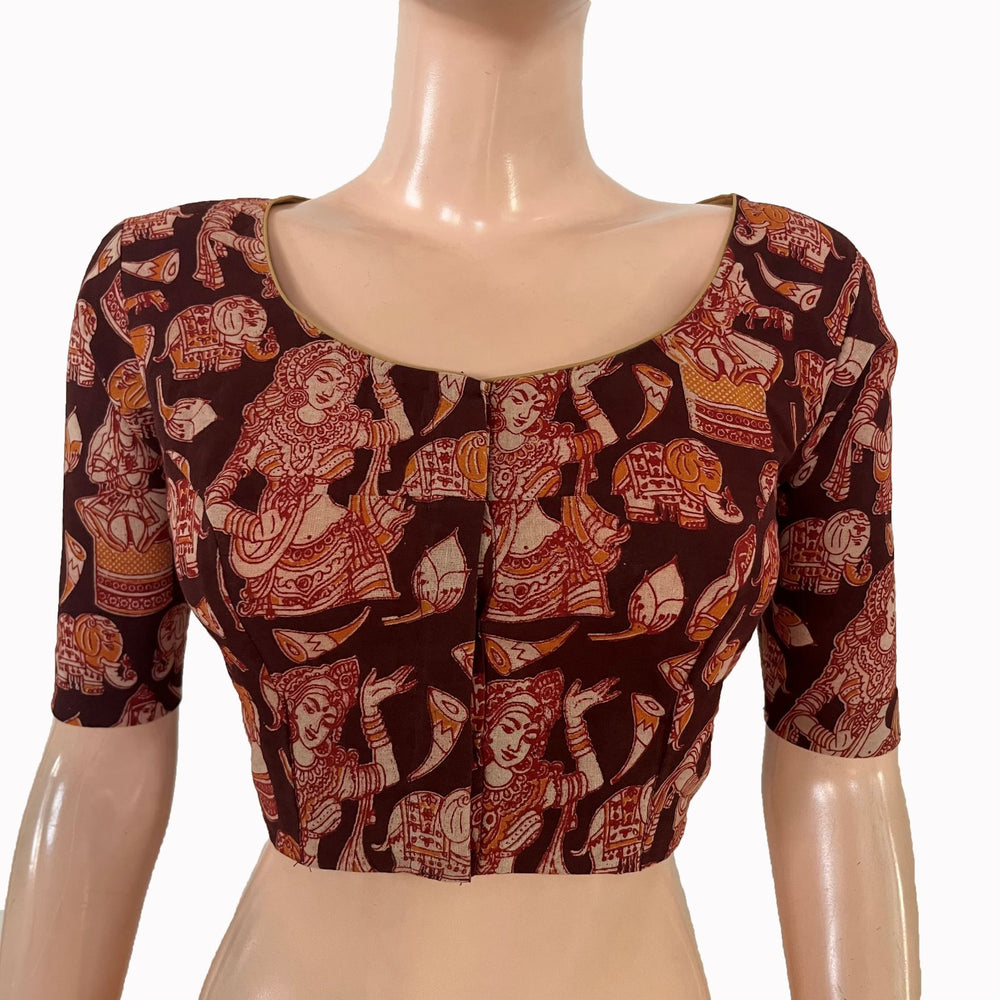 Kalamkari Cotton Round  Neck Blouse ,Black, BK1323.