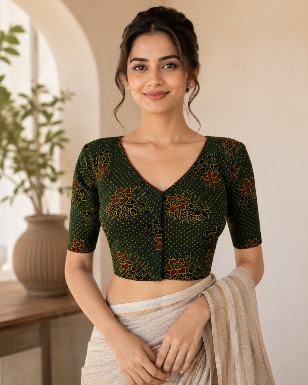 Ajrakh Cotton  V neck Blouse,   Bottle Green,  BA1140