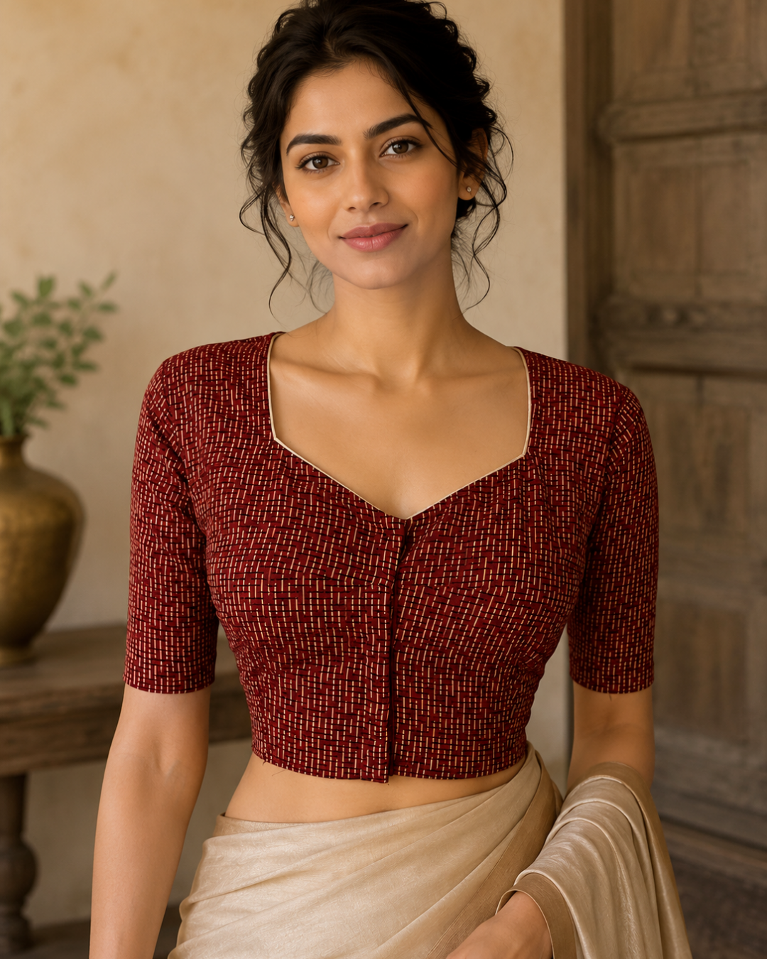 Ajrakh Cotton  Sweetheart neck Blouse,   Maroon,  BA1149