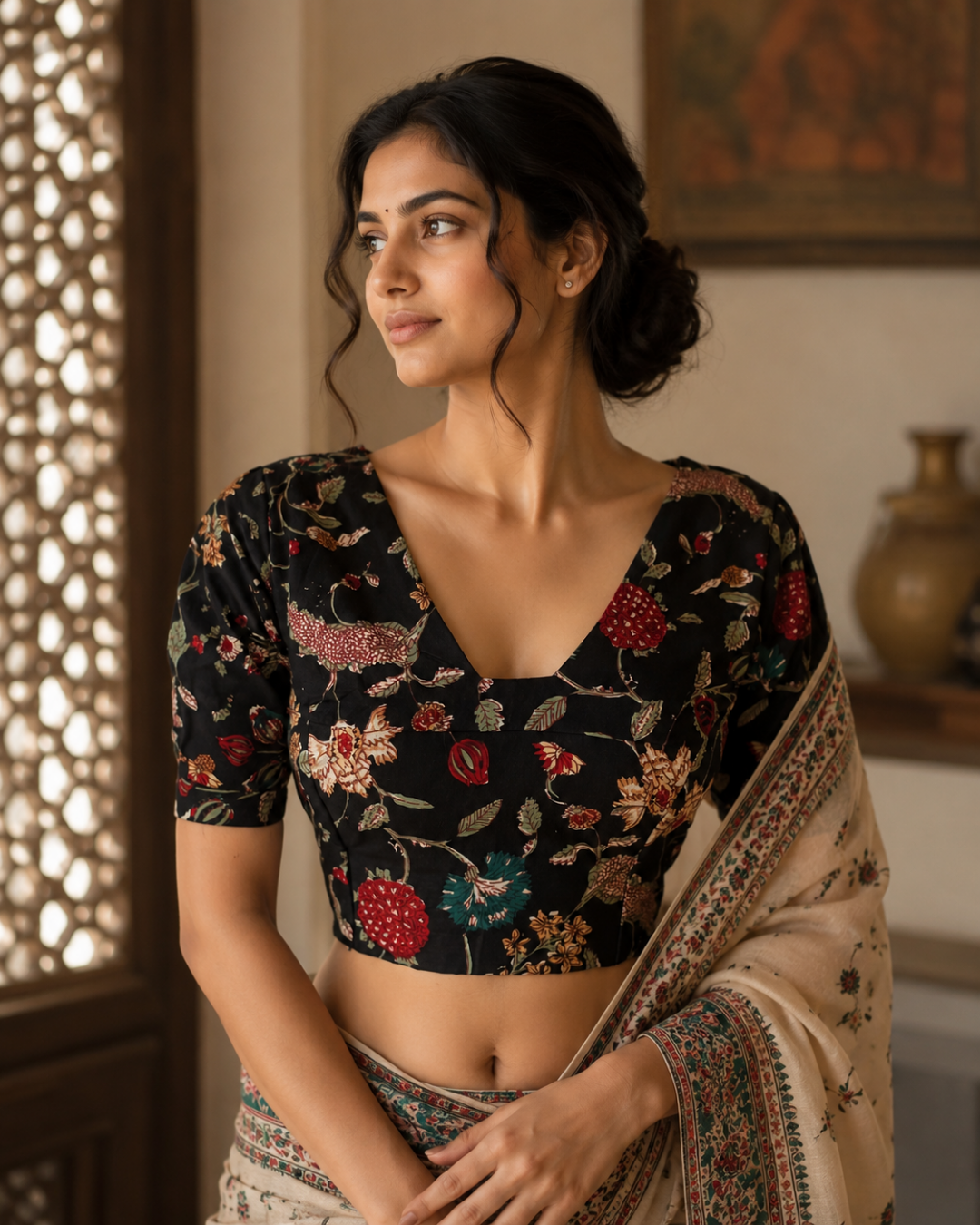 Printed Cotton Back Open Blouse with Triangle Cut in Back and Puff Sleeves  ,Black, BP1221
