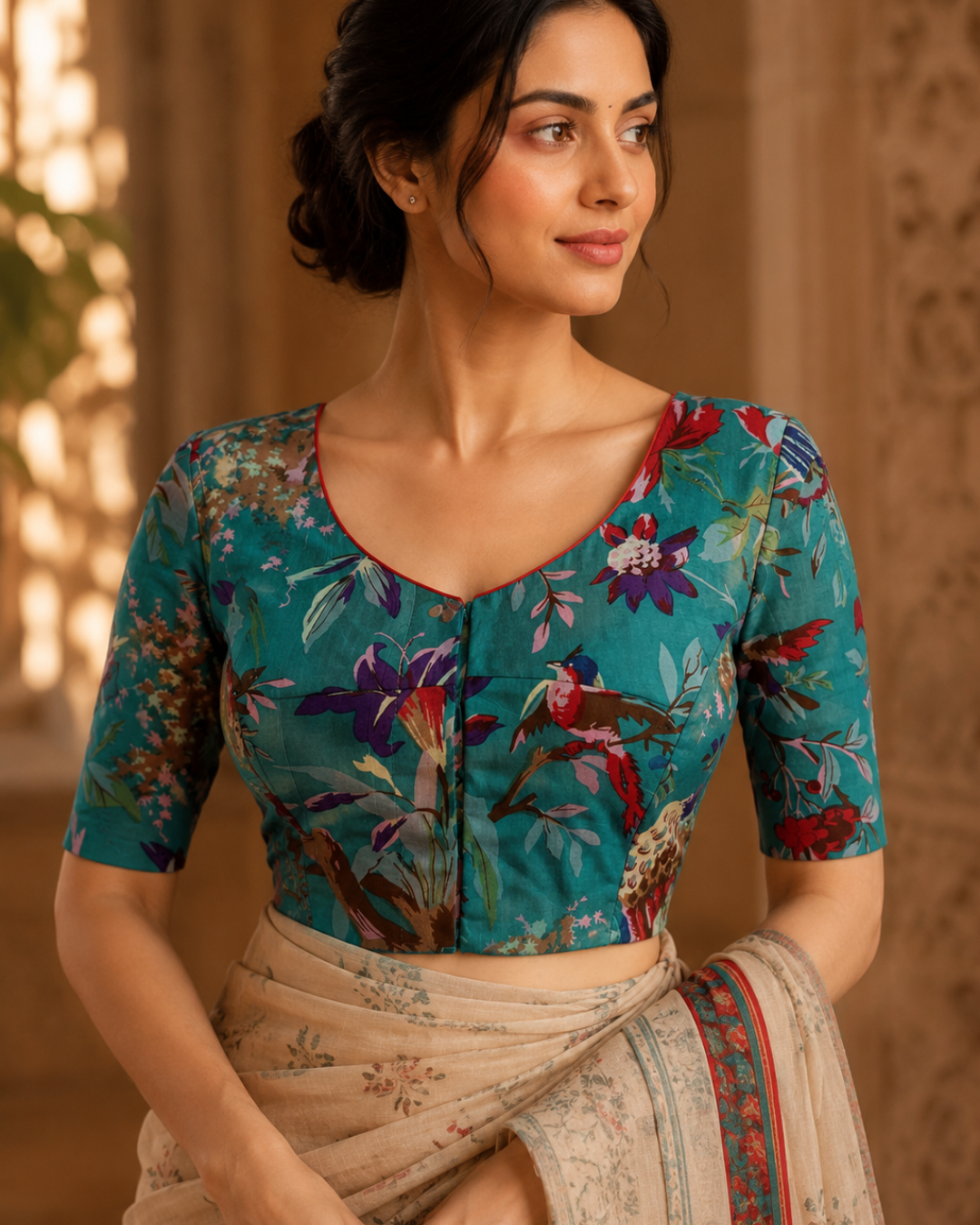 Printed Cotton V Neck Blouse ,Teal Blue, BP1219