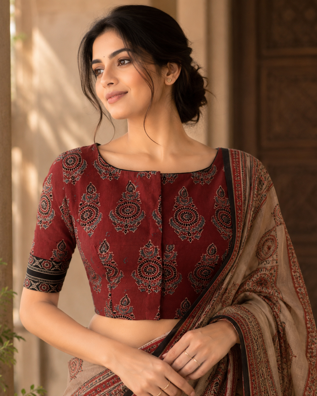 Ajrakh Cotton Boat Neck Blouse With Keyhole Back, Maroon , BA1181