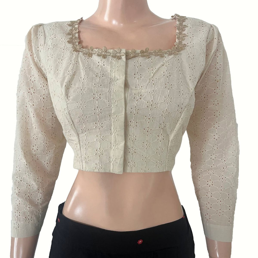 Hakoba Cotton Square Neck Blouse with Lace Details, Puff Full Sleeves & Lining , Off White, BW1185