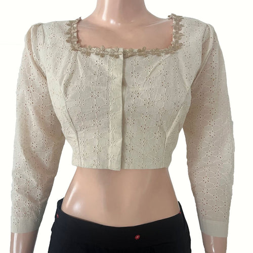 Hakoba Cotton Square Neck Blouse with Lace Details, Puff Full Sleeves & Lining , Off White, BW1185