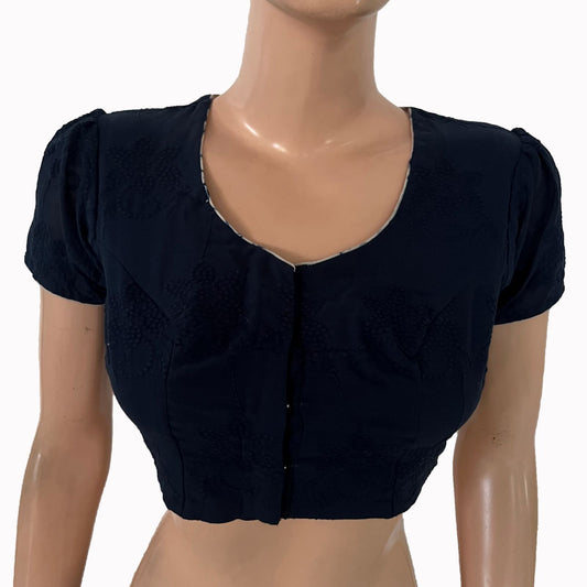 Hakoba Cotton Round Neck with Short puff Sleeves Blouse and Lining , Navy blue , BW1179