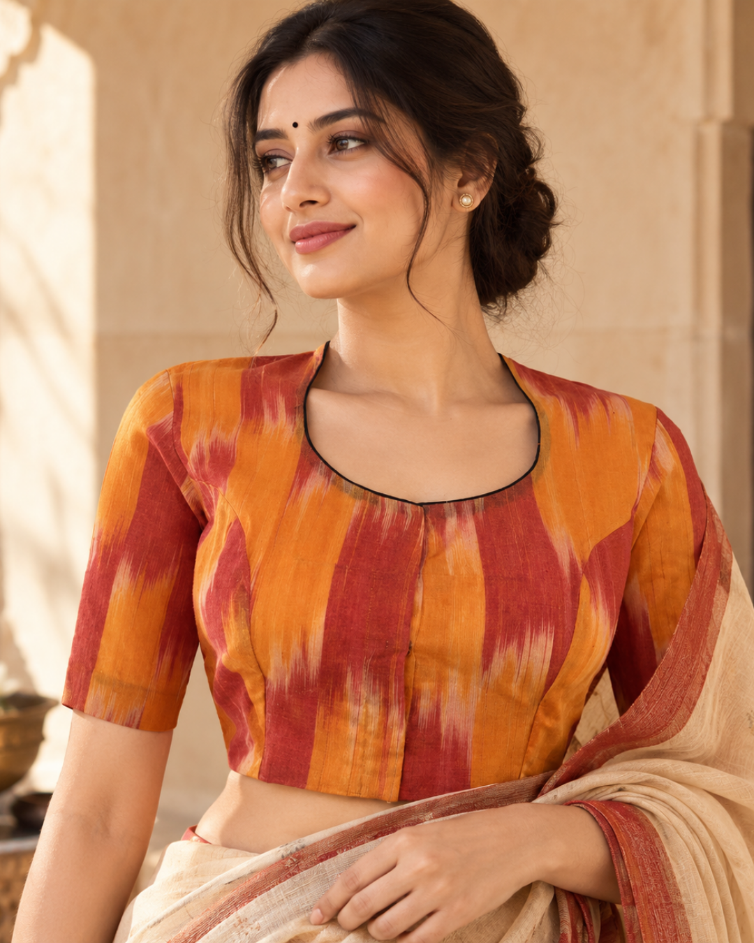 Handloom Tie - dye Cotton  Highneck Blouse,  Yellow - Rust, BH1085