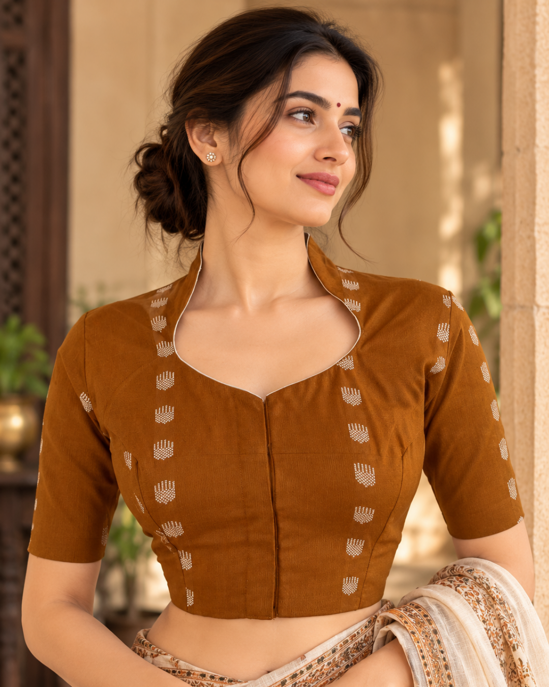 Jacquard Cotton High neck Blouse with lining , Mustard , BH1288