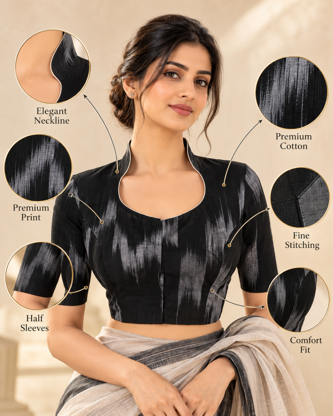 Mangalgiri Tie Dye Cotton High Neck Blouse, Black – Grey, BH1089