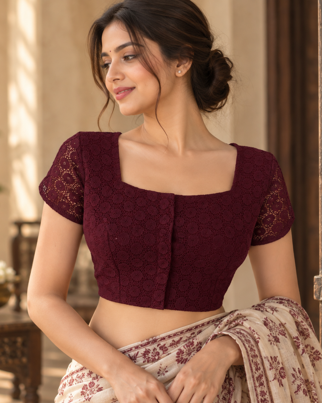 Cotton Net Square Neck Blouse with Tulip Sleeves, Metal Embellishments & Lining , Wine , BW1180