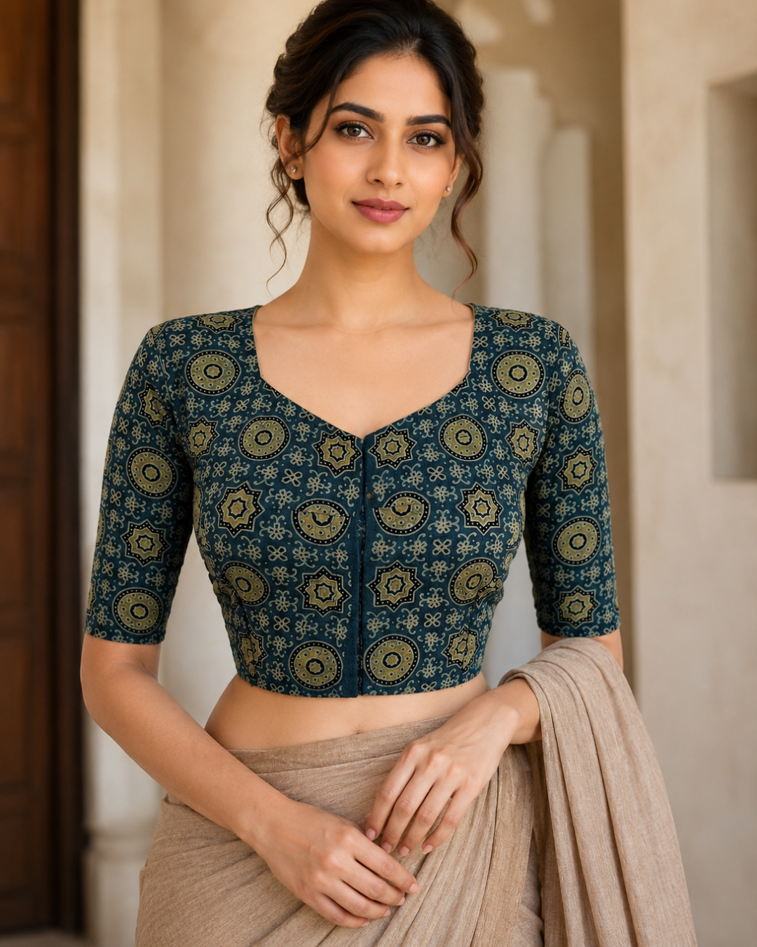 Ajrakh Cotton  Sweetheart neck Blouse,   Indigo blue,  BA1137