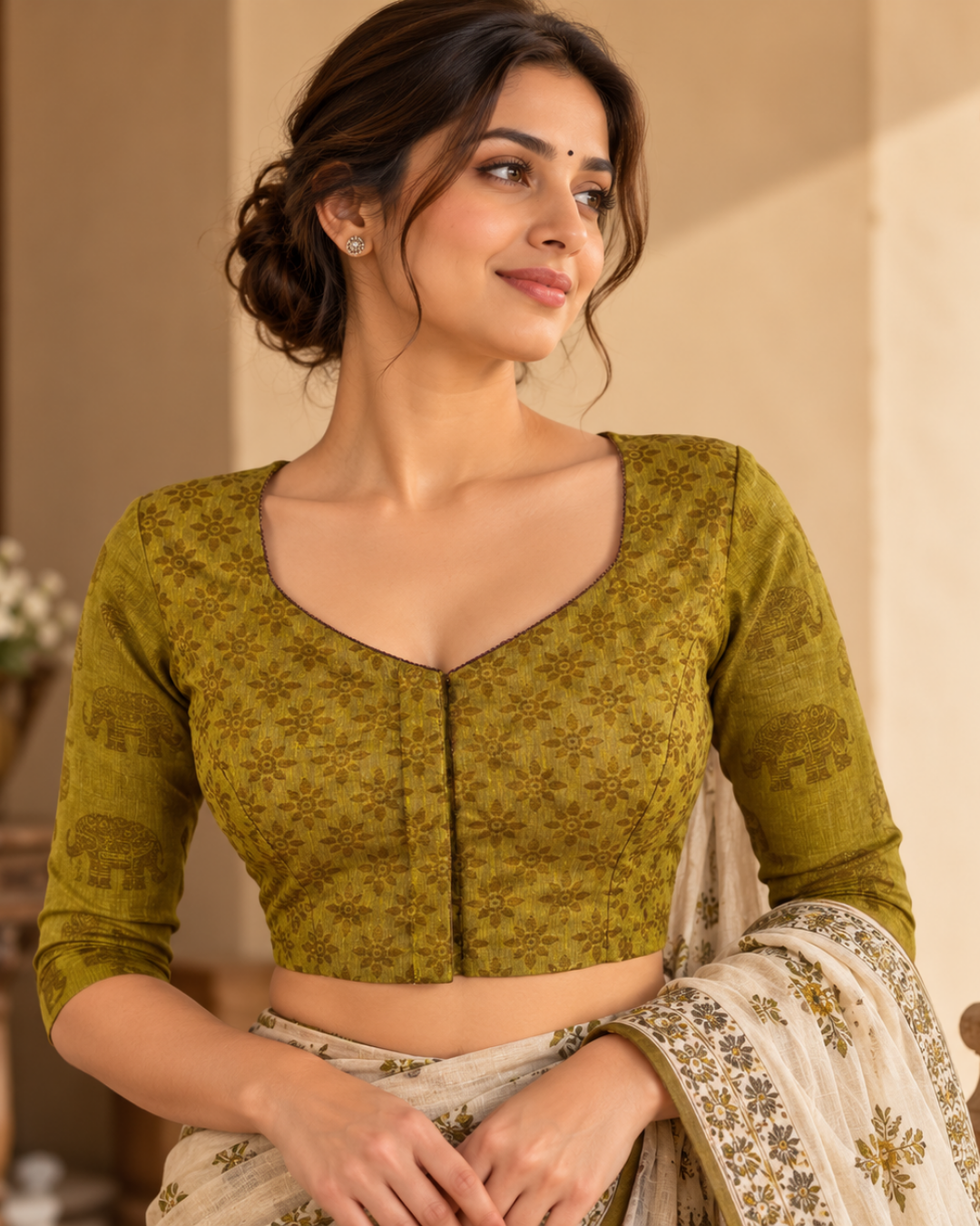 Jacquard Cotton Sweetheart neck Blouse wit Lining, Mustard, BH1268