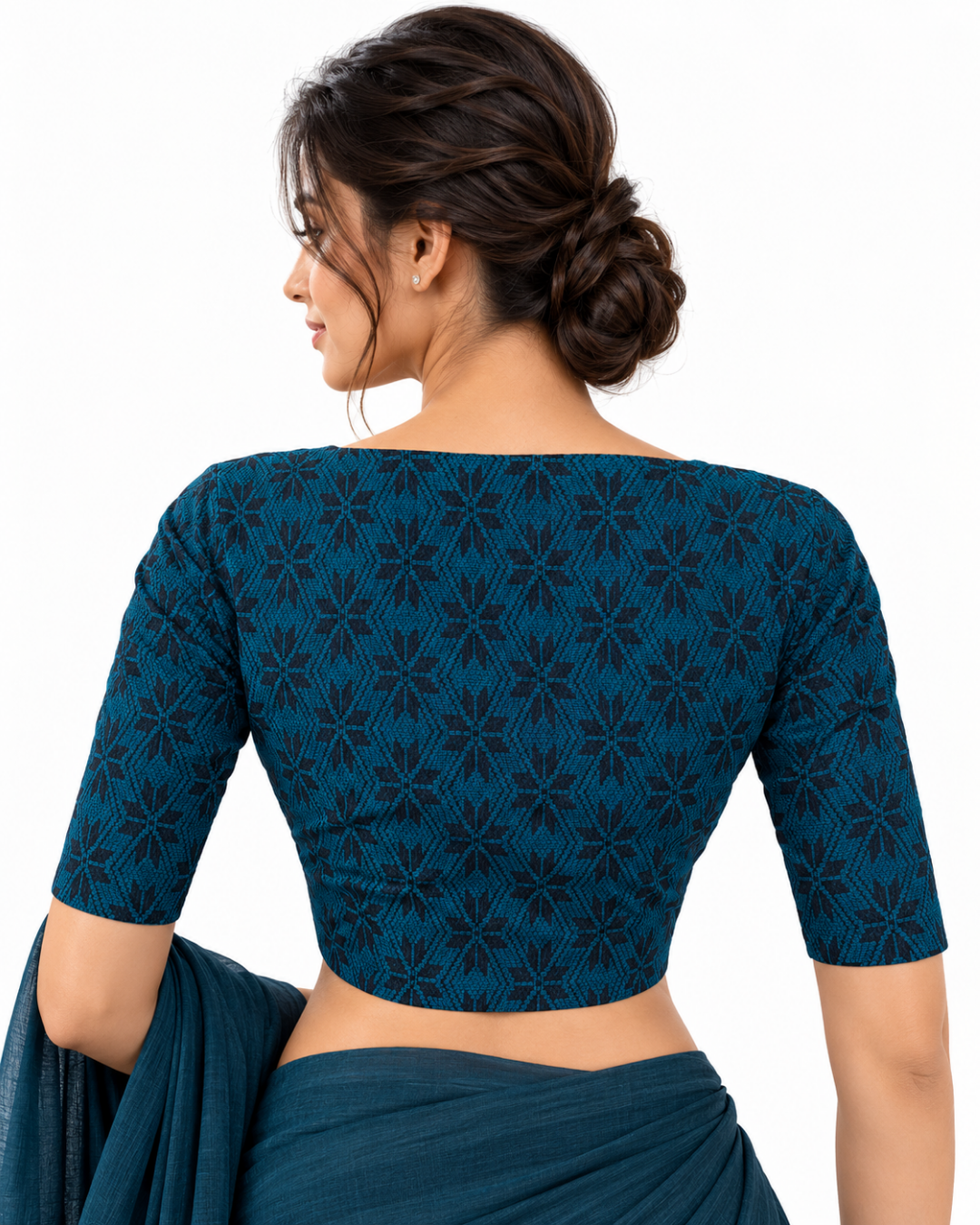 Jacquard Cotton  Scallop neck Blouse with Lining,  Blue,  BH1258