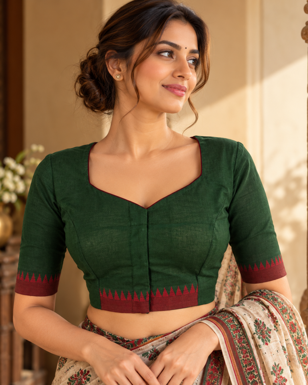 Handloom Mangalgiri Cotton Sweetheart Neck Blouse with Lining, Bottle Green , BH1331