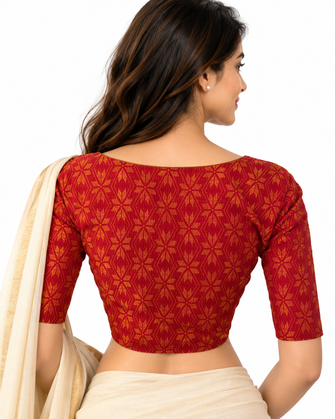 Jacquard Cotton Square neck Blouse with Lining,  Orange,  BH1264