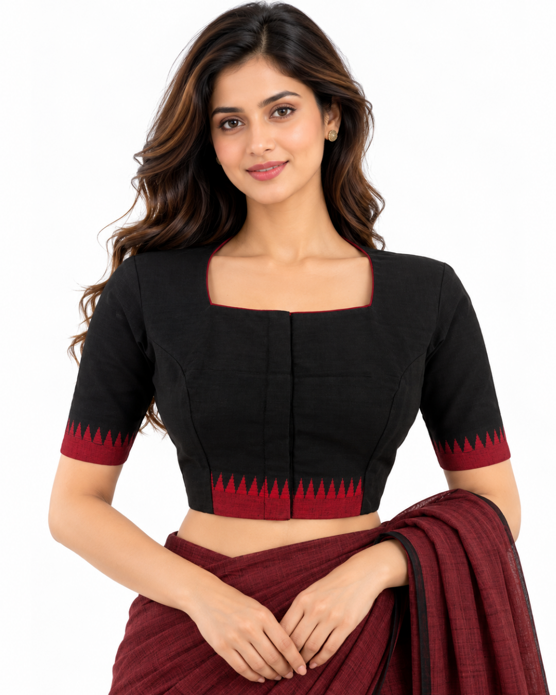 Handloom Mangalgiri Cotton Square Neck Blouse with Lining, Black , BH1329