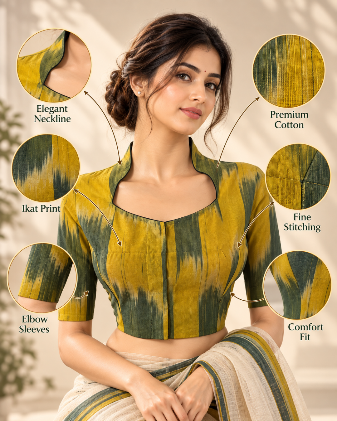 Mangalagiri Tie-dye Cotton High neck Blouse , Yellow- Green , BH1292