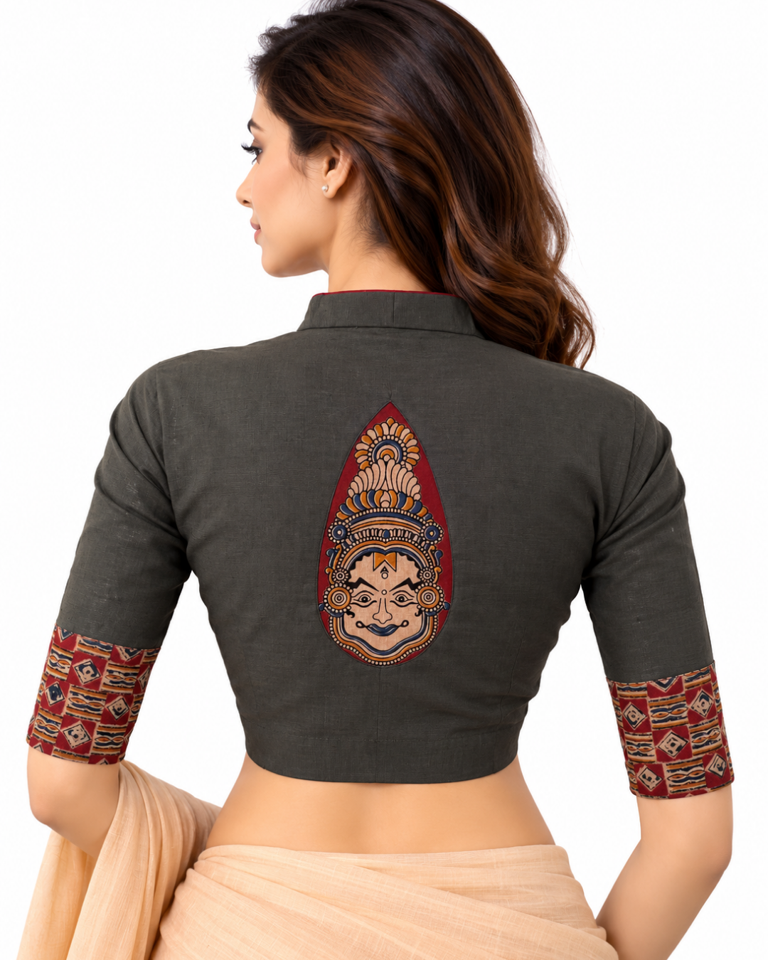Flex Cotton High neck Blouse with Kalamkari Patches,  Grey, BH1339