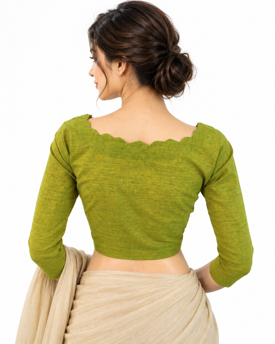 Slub Cotton Scallop V neck Blouse with Lining , Light Green, BH1205